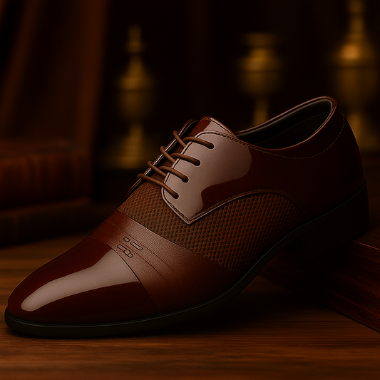 Brown leather dress shoe on a wooden surface with a blurred background