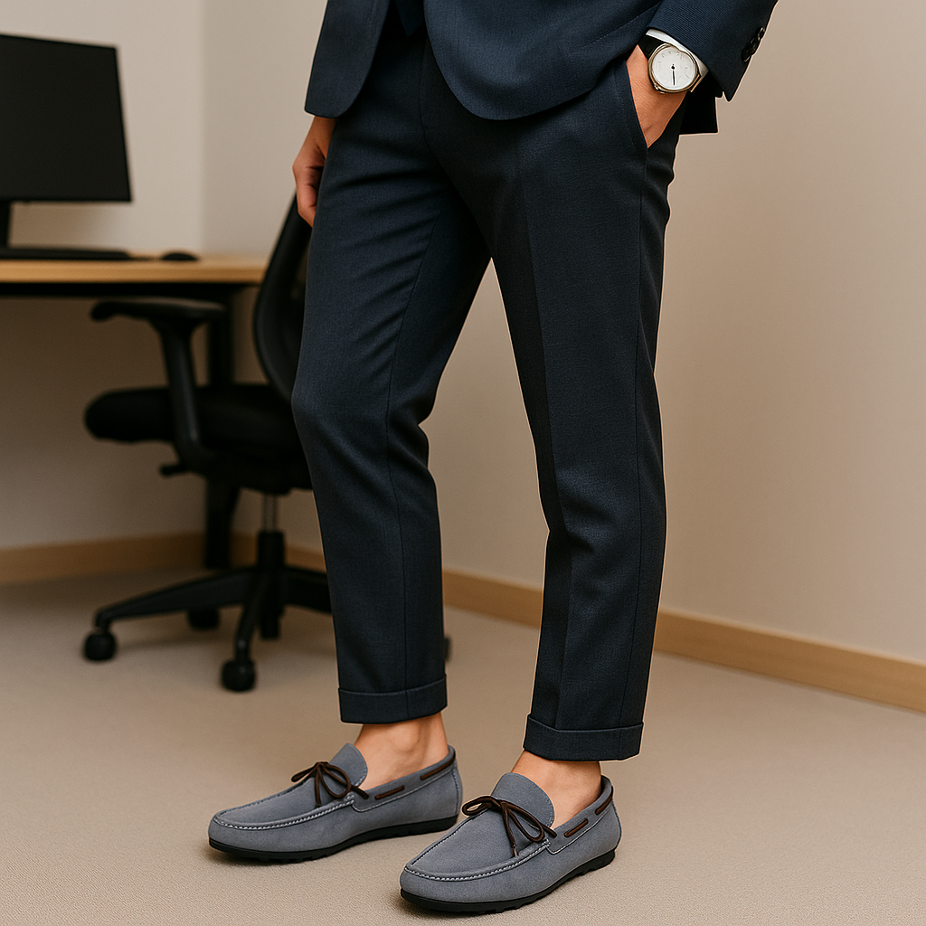 Person wearing a navy suit and gray loafers in an office setting
